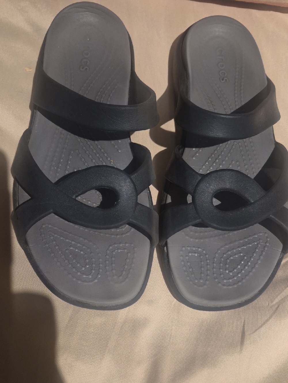 Crocs Black Gray Strappy Slide Sandals